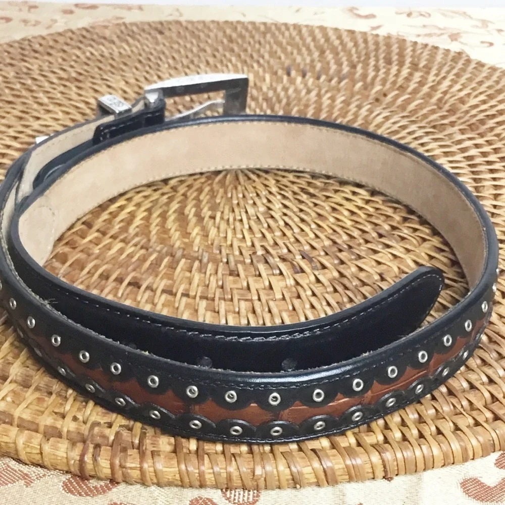 Brighton Black And Brown Leather Belt With Silver Hardware Size M